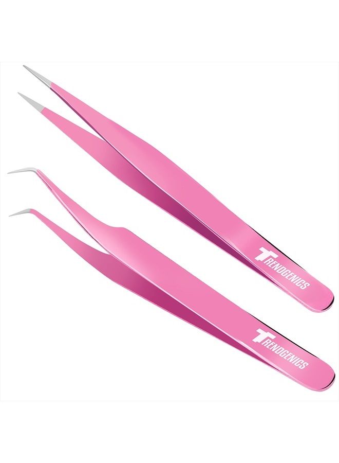 TrendGenics Eyelash Extensions Tweezers Professional Lash Tweezers for Volume, Isolation & Classic False Lashes Stainless Steel Hand Calibrated Straight/Curved Tips Precision Tweezers Set 2pcs - Image 1