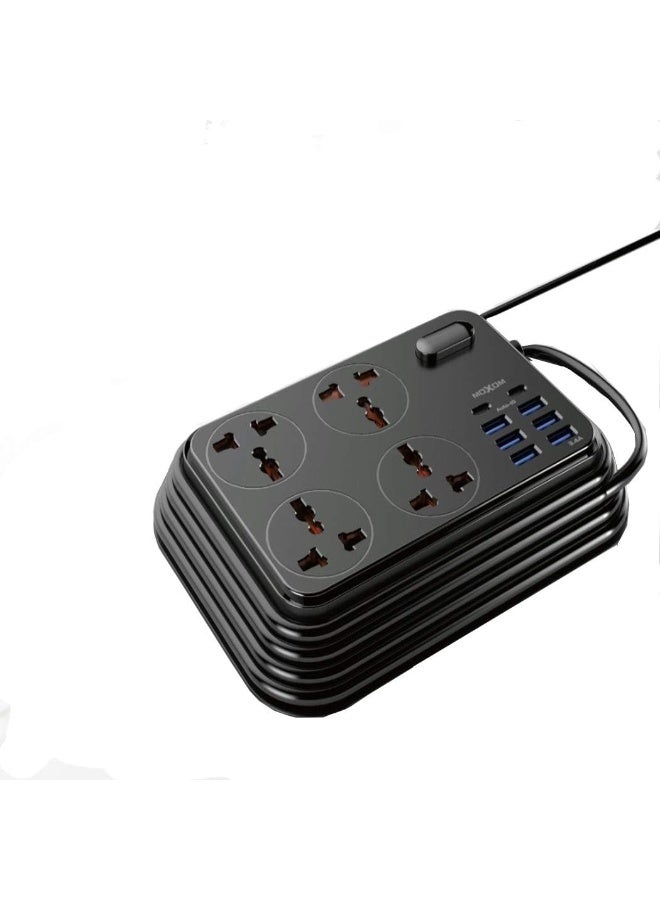 MOXOM MX-ST06 2m Wall Extension Plug Cord with 4 UK Socket Outlets, 6 USB and 2 Type-C Chargers 3.4A - Black