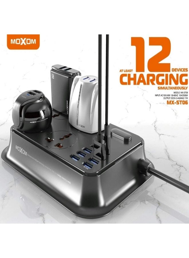 موكسوم سلك تمديد حائط MX-ST06 بطول 2 متر مع 4 منافذ مقبس بريطانية، 6 منافذ USB و2 شاحن نوع سي 3.4 امبير - اسود - Image 3