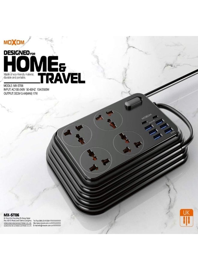 موكسوم سلك تمديد حائط MX-ST06 بطول 2 متر مع 4 منافذ مقبس بريطانية، 6 منافذ USB و2 شاحن نوع سي 3.4 امبير - اسود - Image 2