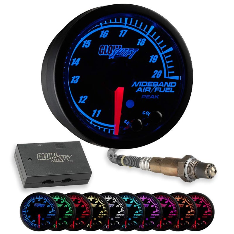 GlowShift Elite 10 Color Wideband AirFuel Ratio AFR Gauge Kit Includes Oxygen Sensor Data Logging Output Weldin Bung Black Dial Tinted Lens Peak Recall 2116 52mm
