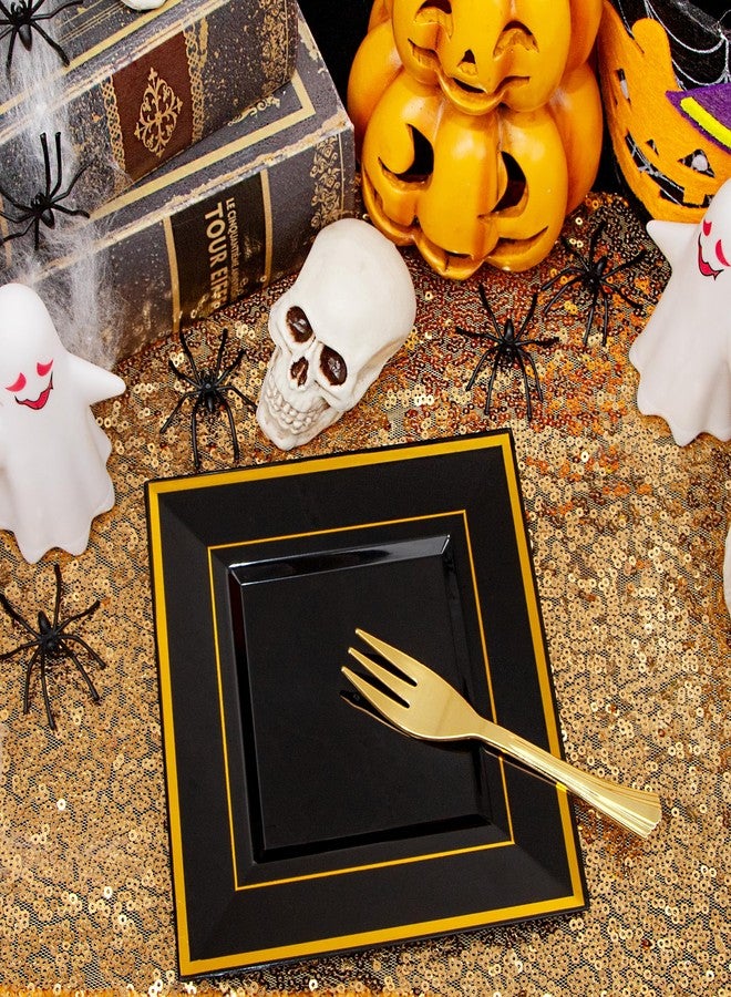 WDF 200PCS Black and Gold Plastic Dessert Plates with Plastic Forks -6’’ 100 Square Disposable Appetizer Plates Small Plate Cake Plate with Gold Rim for Halloween - Image 4