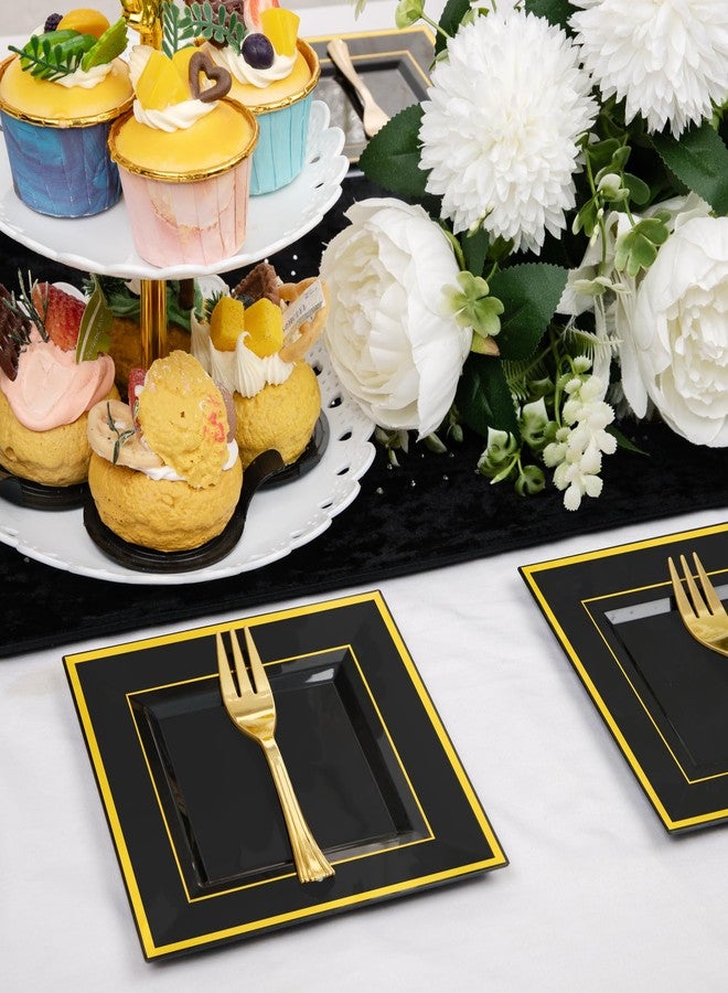 WDF 200PCS Black and Gold Plastic Dessert Plates with Plastic Forks -6’’ 100 Square Disposable Appetizer Plates Small Plate Cake Plate with Gold Rim for Halloween - Image 5