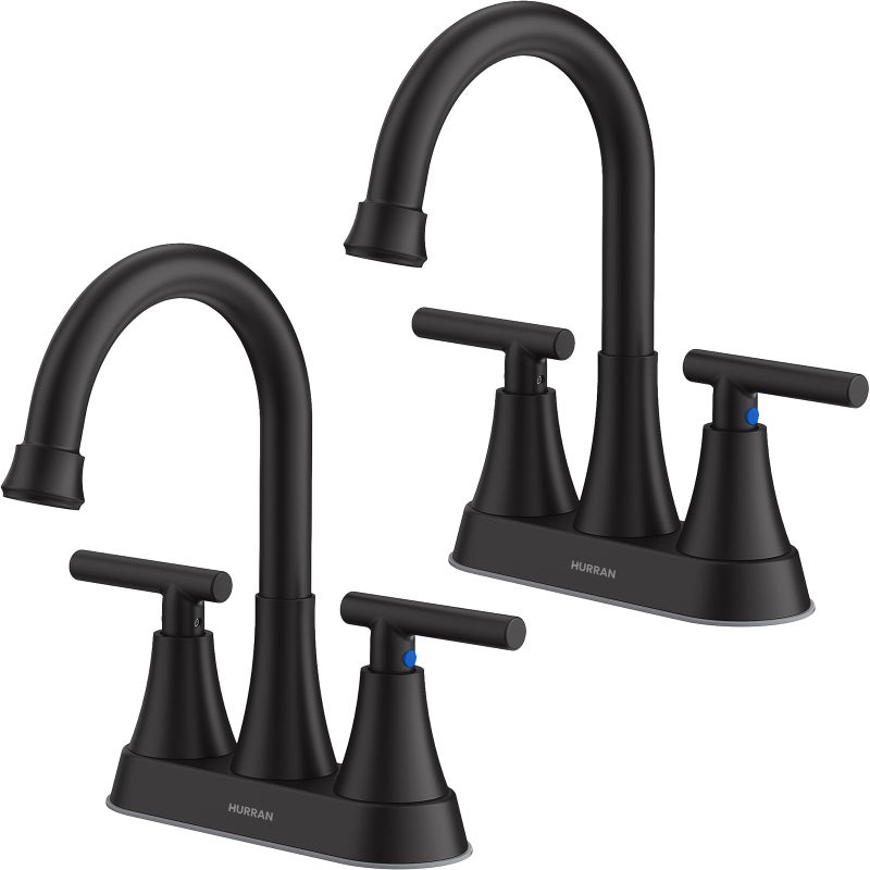 Hurran Bathroom Faucets for Sink 3 Hole, Hurran 4 inch Matte Black Bathroom Sink Faucet with Pop-up Drain and 2 Supply Hoses, Stainless Steel Lead-Free Centerset Faucet for Vanity RV, 2 Pack - Image 1