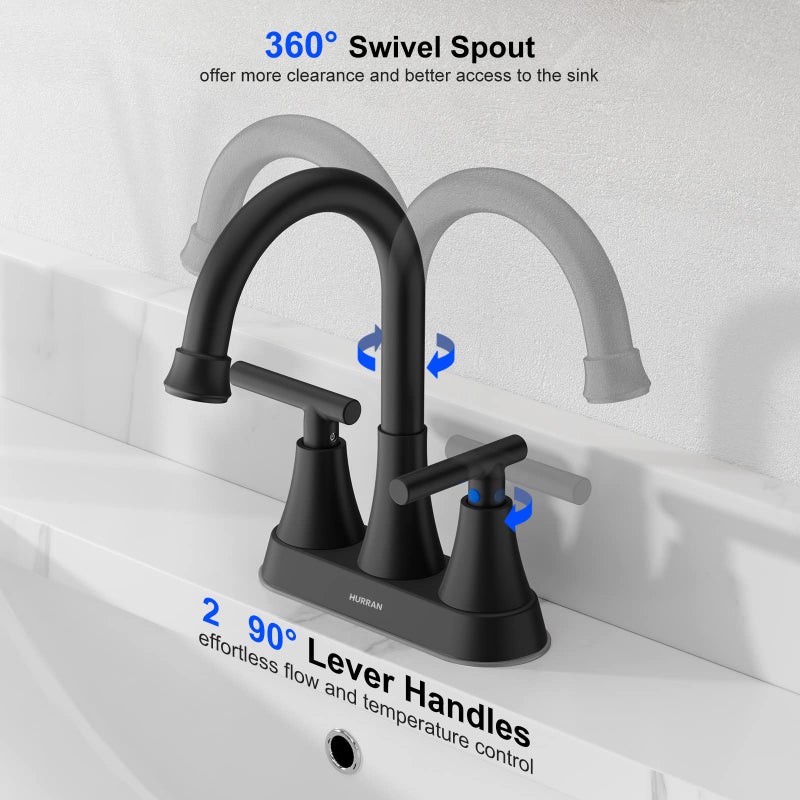 Hurran Bathroom Faucets for Sink 3 Hole, Hurran 4 inch Matte Black Bathroom Sink Faucet with Pop-up Drain and 2 Supply Hoses, Stainless Steel Lead-Free Centerset Faucet for Vanity RV, 2 Pack - Image 3