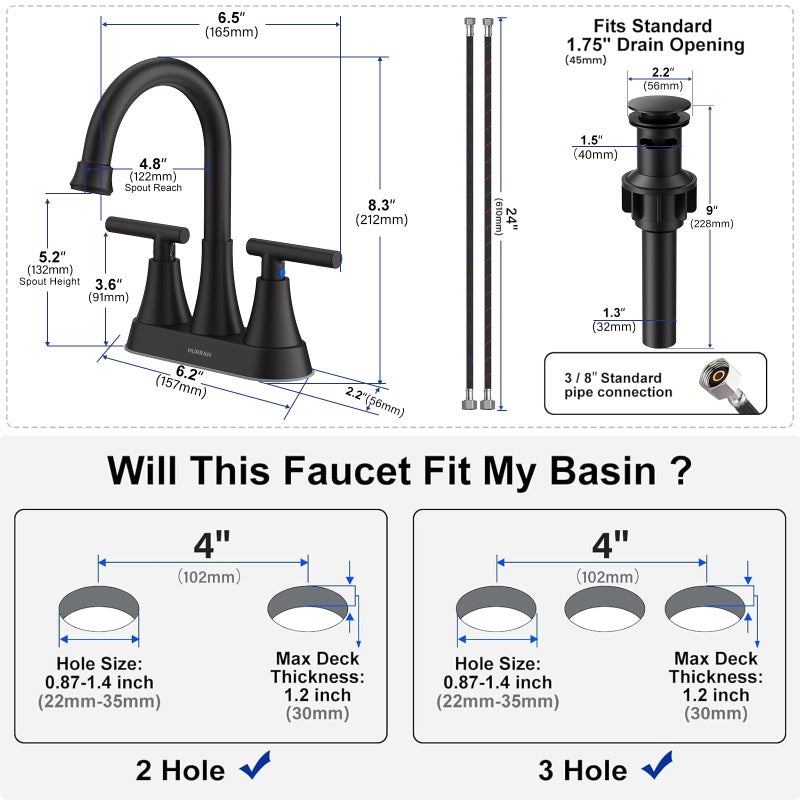 Hurran Bathroom Faucets for Sink 3 Hole, Hurran 4 inch Matte Black Bathroom Sink Faucet with Pop-up Drain and 2 Supply Hoses, Stainless Steel Lead-Free Centerset Faucet for Vanity RV, 2 Pack - Image 5