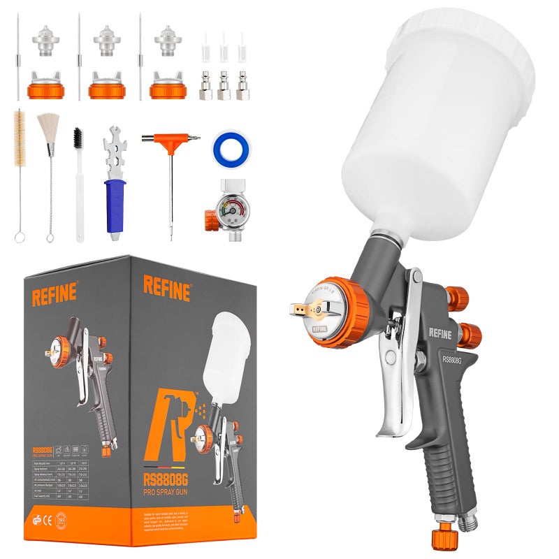 REFINE Air Spray Gun, Auto Paint Gun with 1.4/1.8/2.0mm Nozzle, Professional Automotive Spray Gun, Air Compressor Auto Body Paint Sprayer for Cars, House, Furniture Painting with Air Pressure Gauge - Image 1