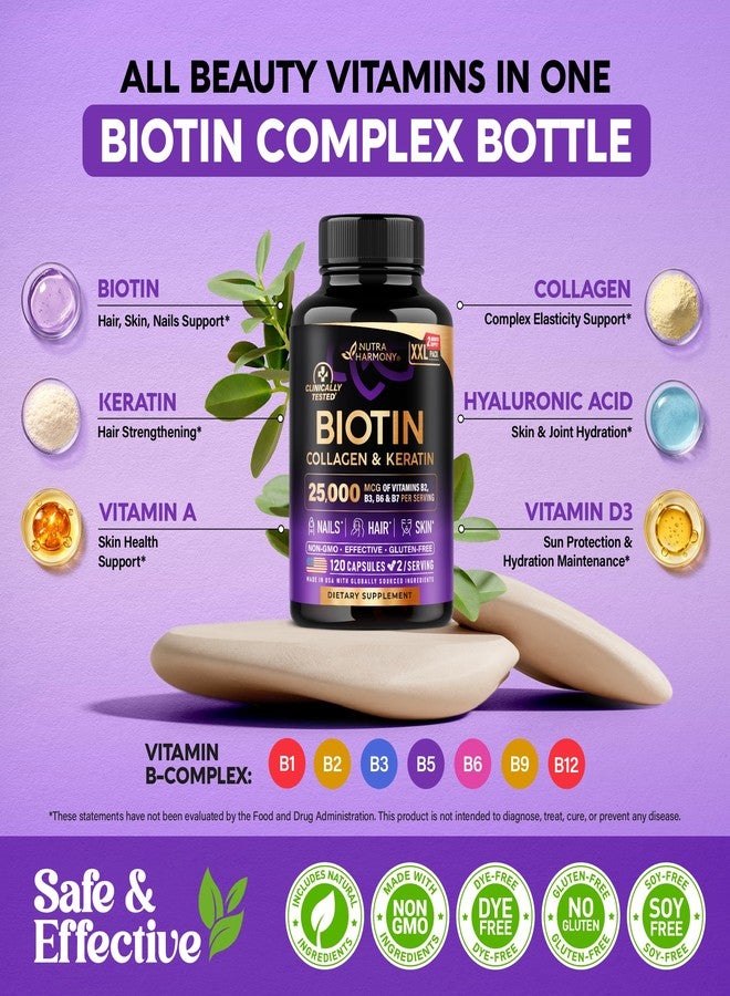 NUTRAHARMONY Biotin | Collagen | Hyaluronic Acid | Keratin - Support Normal Hair Growth Cycle, Skin & Nails - Clinically Tested - 25000mcg Vitamins B1, B2, B3, B6 & B7 - for Women & Men - Made in USA, 120 Capsules - Image 3