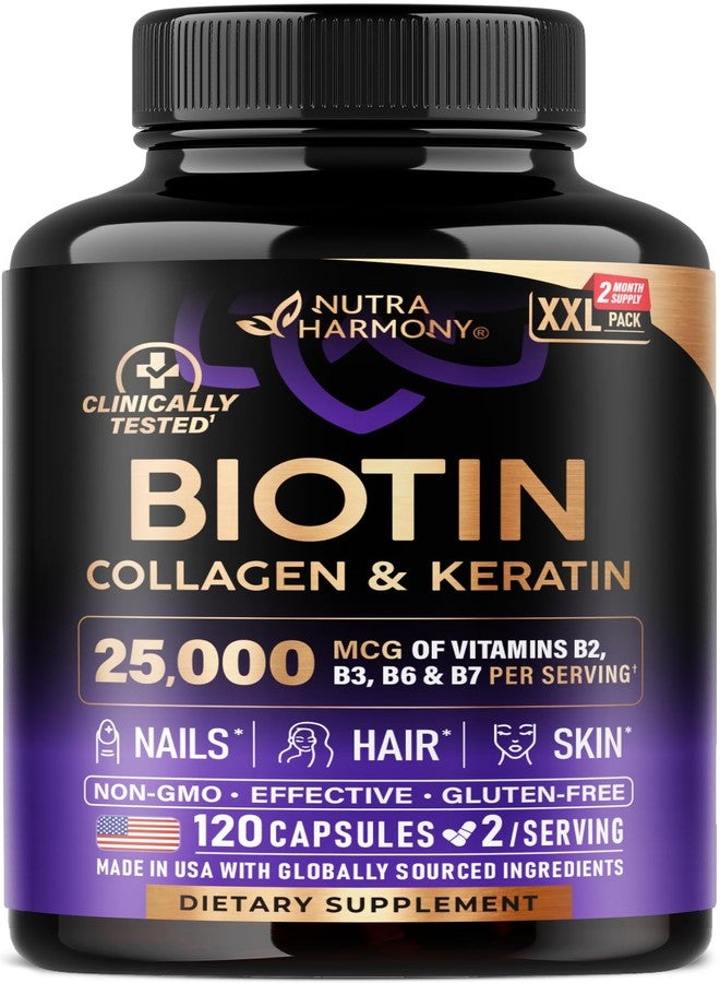 NUTRAHARMONY Biotin | Collagen | Hyaluronic Acid | Keratin - Support Normal Hair Growth Cycle, Skin & Nails - Clinically Tested - 25000mcg Vitamins B1, B2, B3, B6 & B7 - for Women & Men - Made in USA, 120 Capsules - Image 1