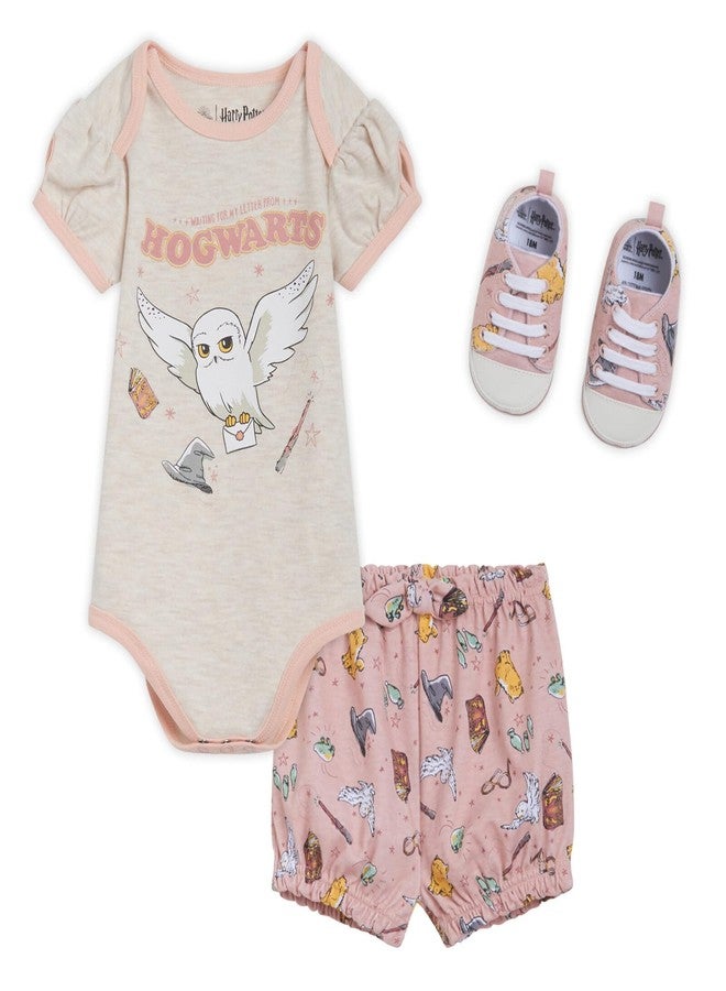 Harry Potter Hedwig Newborn Baby Girls Bodysuit, Bubble Shorts and Shoes 3 Piece Outfit Set Off White/Pink 6-9 Months - Image 1