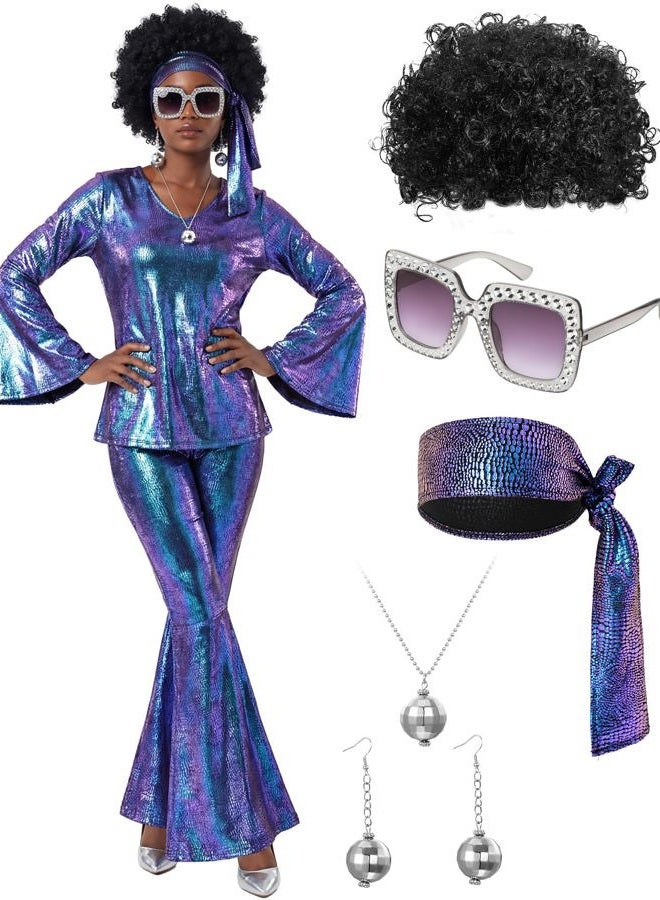 Jexine 70s Women Disco Outfit Costume Disco Party Top Pants Sunglasses Ball Necklace Earring Wig for Halloween New Year Eve(Laser Purple,XX-Large) - Image 1