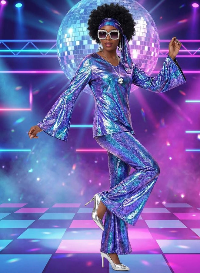 Jexine 70s Women Disco Outfit Costume Disco Party Top Pants Sunglasses Ball Necklace Earring Wig for Halloween New Year Eve(Laser Purple,XX-Large) - Image 4