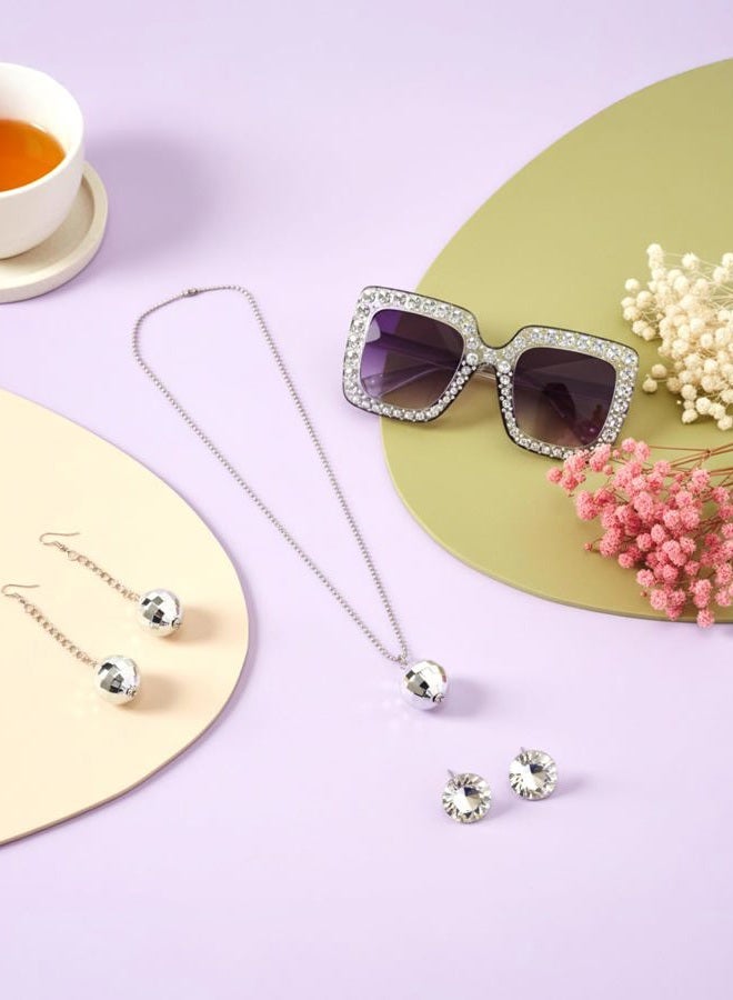 Jexine 70s Women Disco Outfit Costume Disco Party Top Pants Sunglasses Ball Necklace Earring Wig for Halloween New Year Eve(Laser Purple,XX-Large) - Image 3