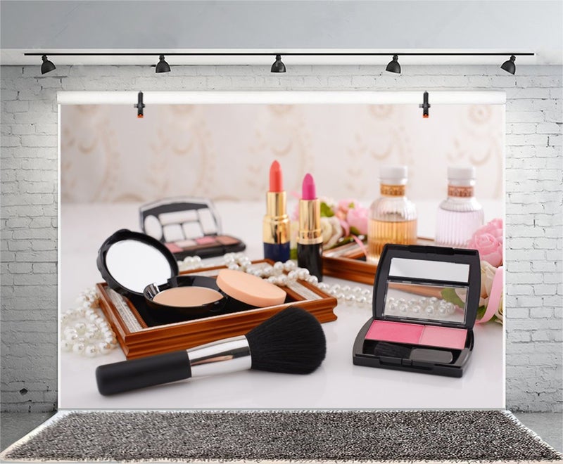 Leyiyi 5x3ft Photography Backdrop Dresser Table Backdrop Make-up Vlogger Products Henna Party Lipstick Eyeshadow Brush Blusher Pearl Necklace Bridal Shower Blogger Photo Portrait Vinyl Studio Prop - Image 1