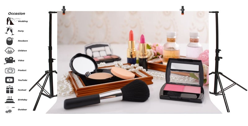 Leyiyi 5x3ft Photography Backdrop Dresser Table Backdrop Make-up Vlogger Products Henna Party Lipstick Eyeshadow Brush Blusher Pearl Necklace Bridal Shower Blogger Photo Portrait Vinyl Studio Prop - Image 2