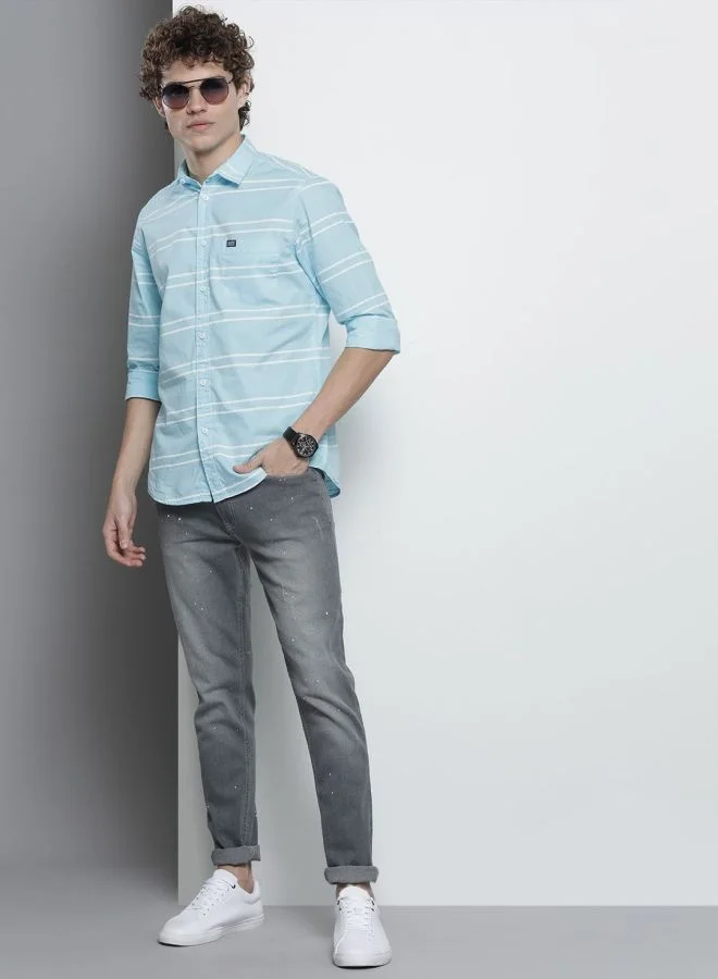 شركة المرآب الهندية Men Slim Fit Striped Full Sleeves Spread Collar Casual Shirt