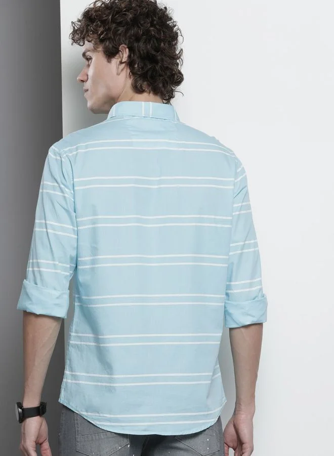 شركة المرآب الهندية Men Slim Fit Striped Full Sleeves Spread Collar Casual Shirt