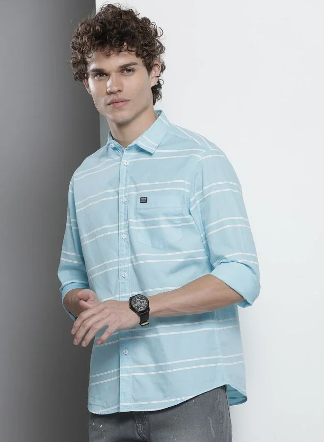 شركة المرآب الهندية Men Slim Fit Striped Full Sleeves Spread Collar Casual Shirt