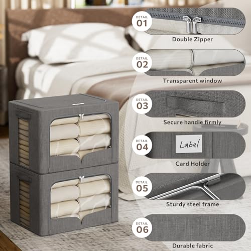 FHSQX 3 Pack Clothes Storage Bins Foldable Metal Frame Storage Box Stackable Linen Fabric Organizer Set with Carrying Handles and Clear Window (Dark Gray, 15.7x11.8x11.8inch(36L)) - Image 2