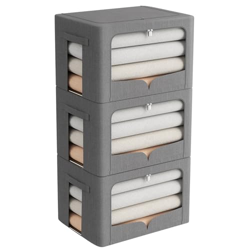 FHSQX 3 Pack Clothes Storage Bins Foldable Metal Frame Storage Box Stackable Linen Fabric Organizer Set with Carrying Handles and Clear Window (Dark Gray, 15.7x11.8x11.8inch(36L)) - Image 1