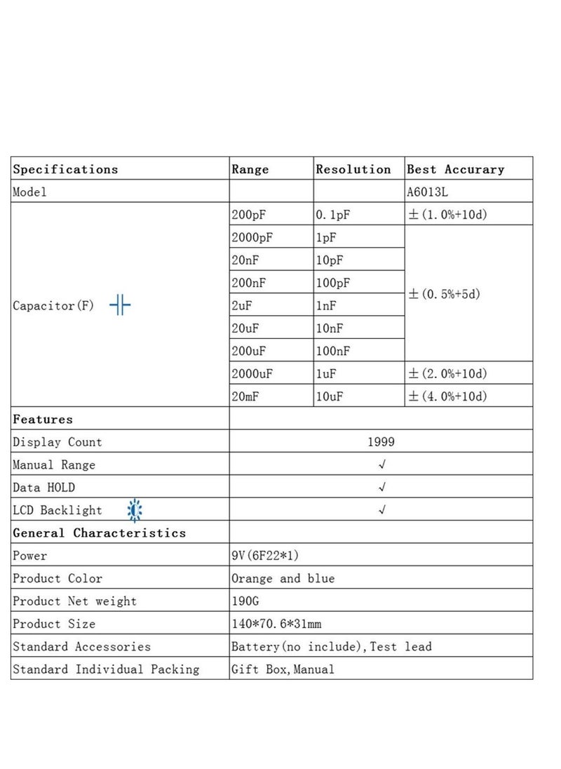 SYOSI - Digital Capacitance Meter Multimeter Professional A6013L Capacitor Tester Measures Voltage Current Resistance Diodes Continuity Duty-Cycle Capacitance Temperature - Image 1