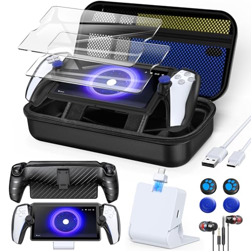 KOVA 13 in 1 Accessories Set for Playstation Portal Remote Player Carrying Case for PS Portal TPU Shell Cover Skin with KickstandPortable Charging Dock2 HD Screen Protector4 Thumb GripEarbud Headphones for PS5 Portal Bundle Black - Image 1