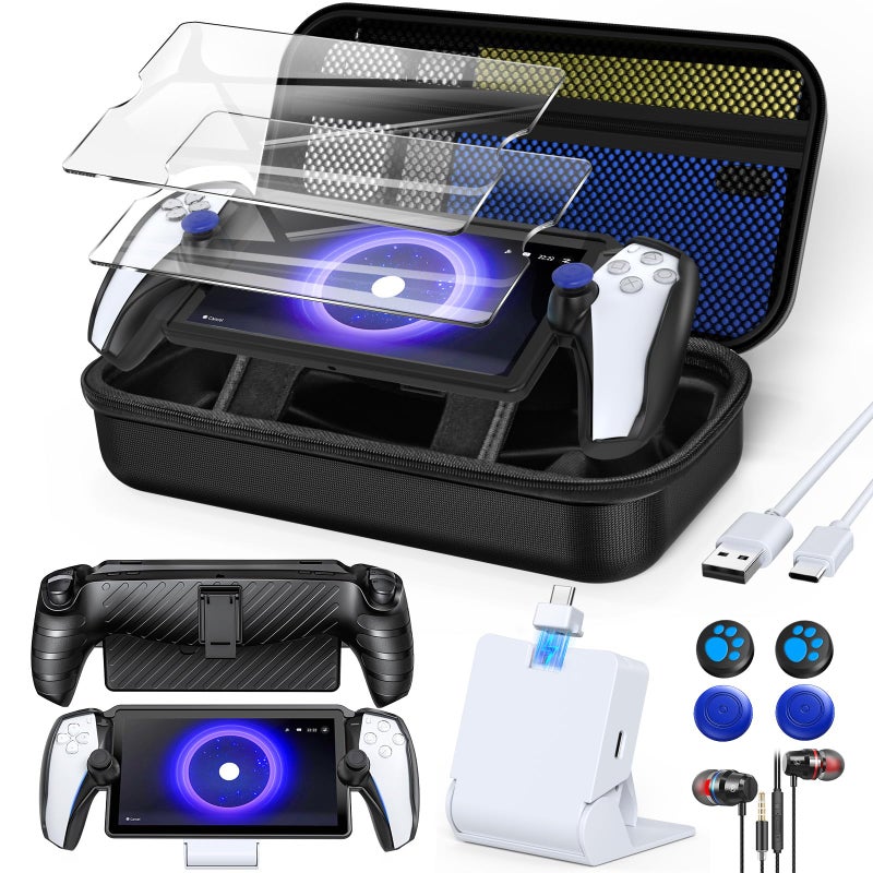 KOVA 13 in 1 Accessories Set for Playstation Portal Remote Player Carrying Case for PS Portal TPU Shell Cover Skin with KickstandPortable Charging Dock2 HD Screen Protector4 Thumb GripEarbud Headphones for PS5 Portal Bundle Black - Image 2