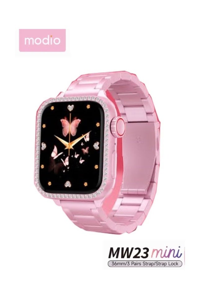 Modio MW23 Mini Smartwatch 36mm for Women with 3 Stylish Straps, Heart Rate Monitor, Fitness Tracker, Sleep Monitor, Full Touchscreen, Bluetooth Notifications, Compact Design for Small Wrists, Pink Color with Charging Cable Included - Image 1