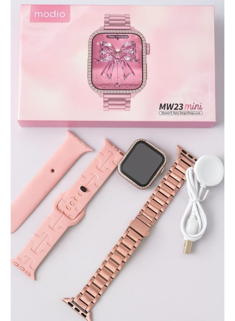 Modio MW23 Mini Smartwatch 36mm for Women with 3 Stylish Straps, Heart Rate Monitor, Fitness Tracker, Sleep Monitor, Full Touchscreen, Bluetooth Notifications, Compact Design for Small Wrists, Pink Color with Charging Cable Included - Image 3