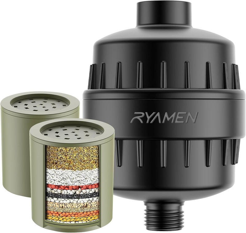 Ryamen Heavy Duty Shower Filter, Shower Water Filter, 99% REMOVAL Shower Head Filter for Hard Water, Heavy Metals, Chlorine (2 Cartridges, Black) - Image 1