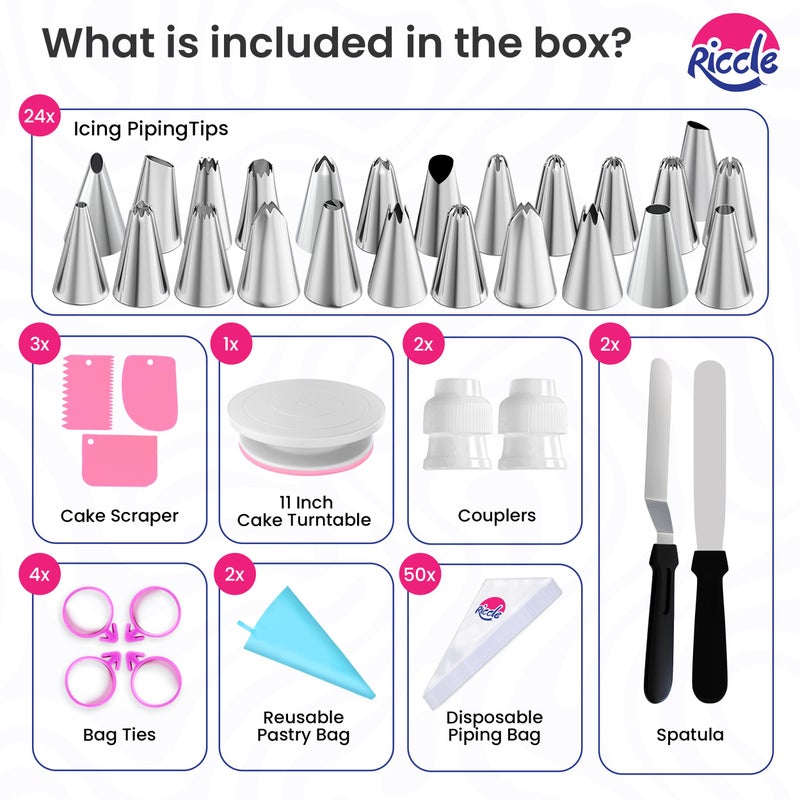 Riccle 88 pcs Cake Decorating Kit with Pink Cake Turntable - Includes 50 Disposable + 2 Reusable Piping Bags and Tips Set, 24 Icing Piping Tips, 2 Spatulas, 3 Icing Comb Scraper, Baking Supplies - Image 3