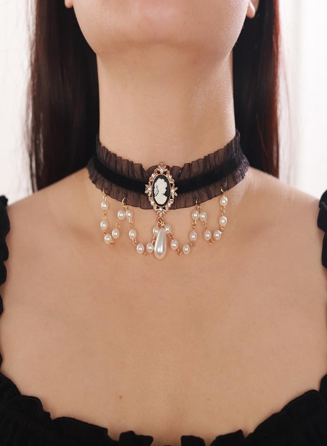 Jumwrit Gothic Black Lace Choker Necklace Pearl Beads Chain Tassel Collar Drop Pendant Necklace Vintage Halloween Cosplay Bowknot Victorian Cameo Necklace Costume Accessories for Women - Image 2