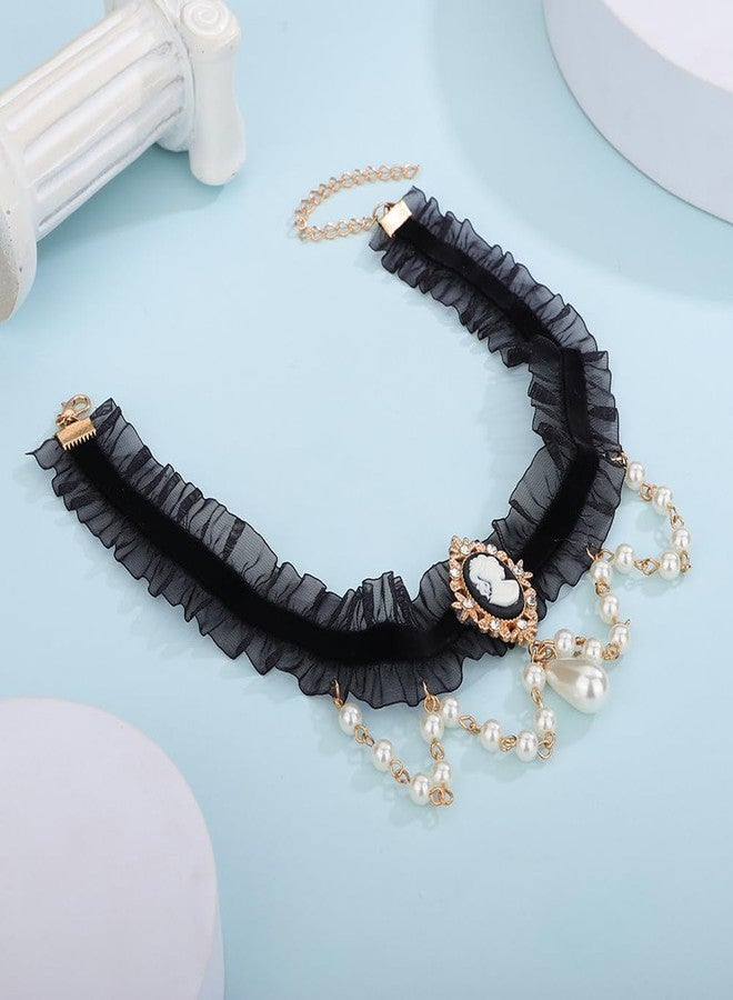 Jumwrit Gothic Black Lace Choker Necklace Pearl Beads Chain Tassel Collar Drop Pendant Necklace Vintage Halloween Cosplay Bowknot Victorian Cameo Necklace Costume Accessories for Women - Image 4