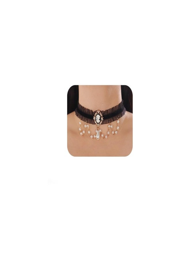 Jumwrit Gothic Black Lace Choker Necklace Pearl Beads Chain Tassel Collar Drop Pendant Necklace Vintage Halloween Cosplay Bowknot Victorian Cameo Necklace Costume Accessories for Women - Image 1