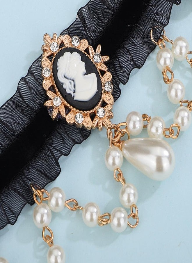 Jumwrit Gothic Black Lace Choker Necklace Pearl Beads Chain Tassel Collar Drop Pendant Necklace Vintage Halloween Cosplay Bowknot Victorian Cameo Necklace Costume Accessories for Women - Image 5
