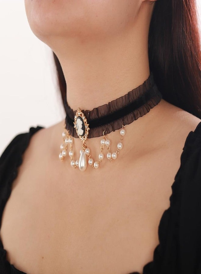 Jumwrit Gothic Black Lace Choker Necklace Pearl Beads Chain Tassel Collar Drop Pendant Necklace Vintage Halloween Cosplay Bowknot Victorian Cameo Necklace Costume Accessories for Women - Image 3