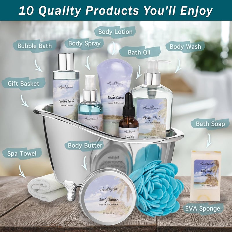 Aqua Elegante Spa Gift Baskets For Women Luxury Bath Set With Ocean Coconut Spa Kit Includes Body Wash Bubble Bath Lotion Body Butter Soap Bath Oil Shower Puff and Towel - Image 2
