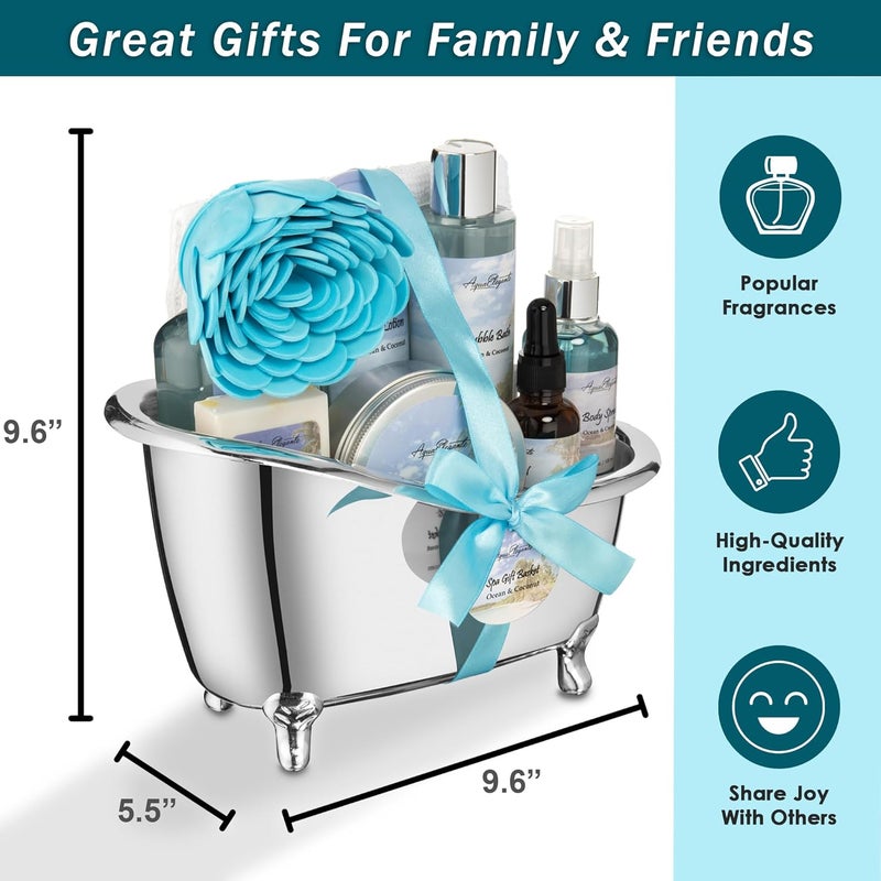 Aqua Elegante Spa Gift Baskets For Women Luxury Bath Set With Ocean Coconut Spa Kit Includes Body Wash Bubble Bath Lotion Body Butter Soap Bath Oil Shower Puff and Towel - Image 4