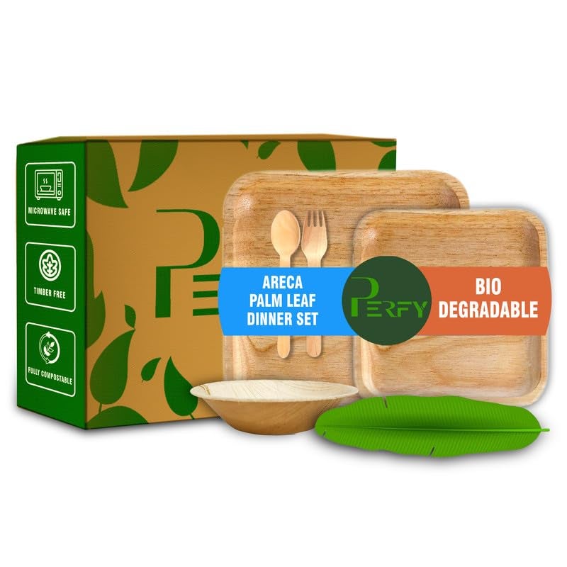 Perfy Palm Leaf Dinnerware Set Combo Disposable Square Plate Set 10 6 Inch250ml BowlsCutleryBiodegradableEco Friendly Tableware for Wedding Party Pack of 25 - Image 1
