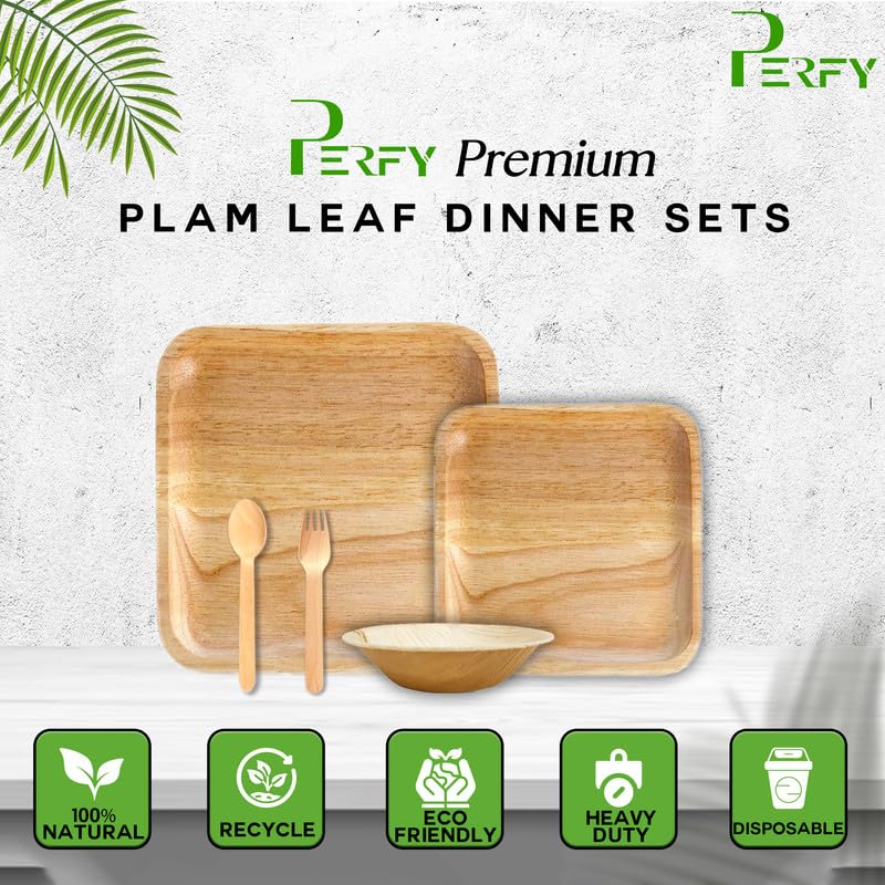 Perfy Palm Leaf Dinnerware Set Combo Disposable Square Plate Set 10 6 Inch250ml BowlsCutleryBiodegradableEco Friendly Tableware for Wedding Party Pack of 25 - Image 2