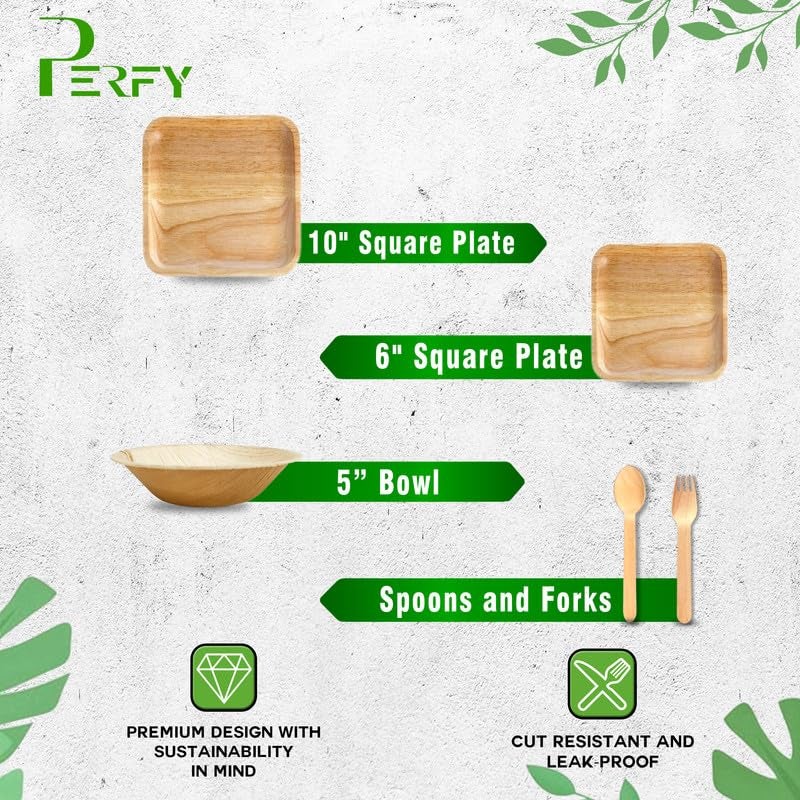 Perfy Palm Leaf Dinnerware Set Combo Disposable Square Plate Set 10 6 Inch250ml BowlsCutleryBiodegradableEco Friendly Tableware for Wedding Party Pack of 25 - Image 4