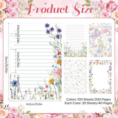 Pineraap 100 Sheets Wildflower Watercolor A5 Planner Inserts - 120GSM Thick Colorful Floral Refill Paper for 6-Ring Binder, Mixed Blossom Loose Leaf Sheets for Journal, Diary & Creative Planning - Image 2
