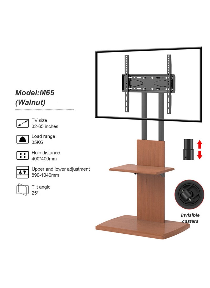 FlashHawk TV Floor Stand, Wooden TV Stand Cart with Shelf and Wheels for 32 - 65 inches TVs, VESA 400x400mm, Max.Load Bearing 35KG - Brown  - Image 2