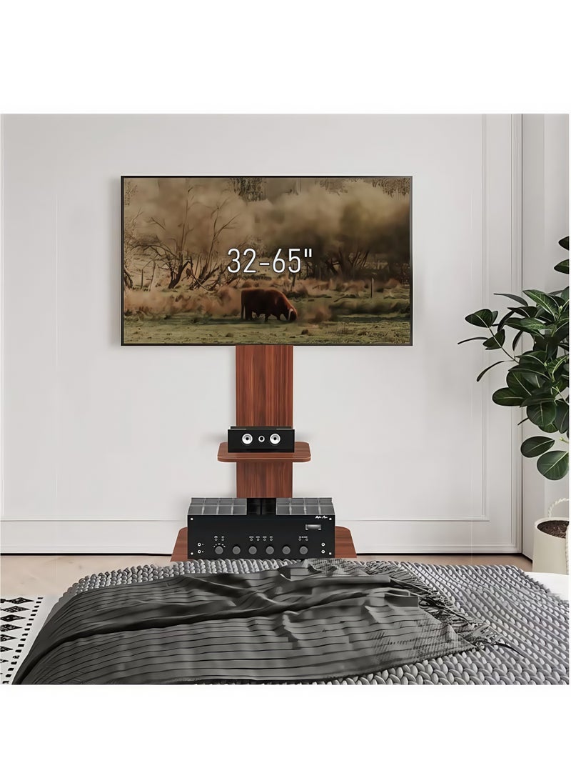 FlashHawk TV Floor Stand, Wooden TV Stand Cart with Shelf and Wheels for 32 - 65 inches TVs, VESA 400x400mm, Max.Load Bearing 35KG - Brown  - Image 1