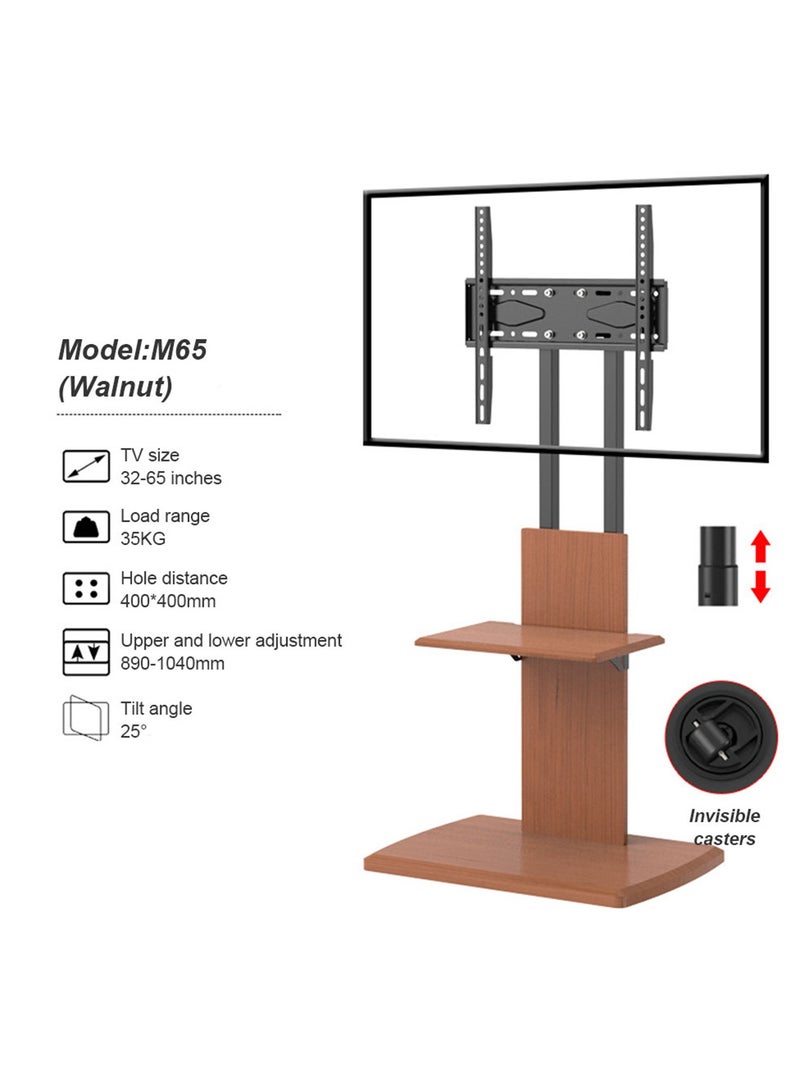 فلاشهوك حامل تلفزيون أرضي، حامل تلفزيون خشبي مع رف وعجلات لأجهزة تلفزيون من 32 إلى 65 بوصة، VESA 400x400 مم، أقصى حمل 35 كجم - بني - Image 2
