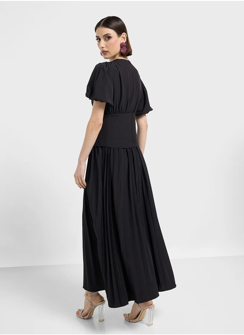 ايلا Puff Sleeve Dress With Waist Tie Up Detail