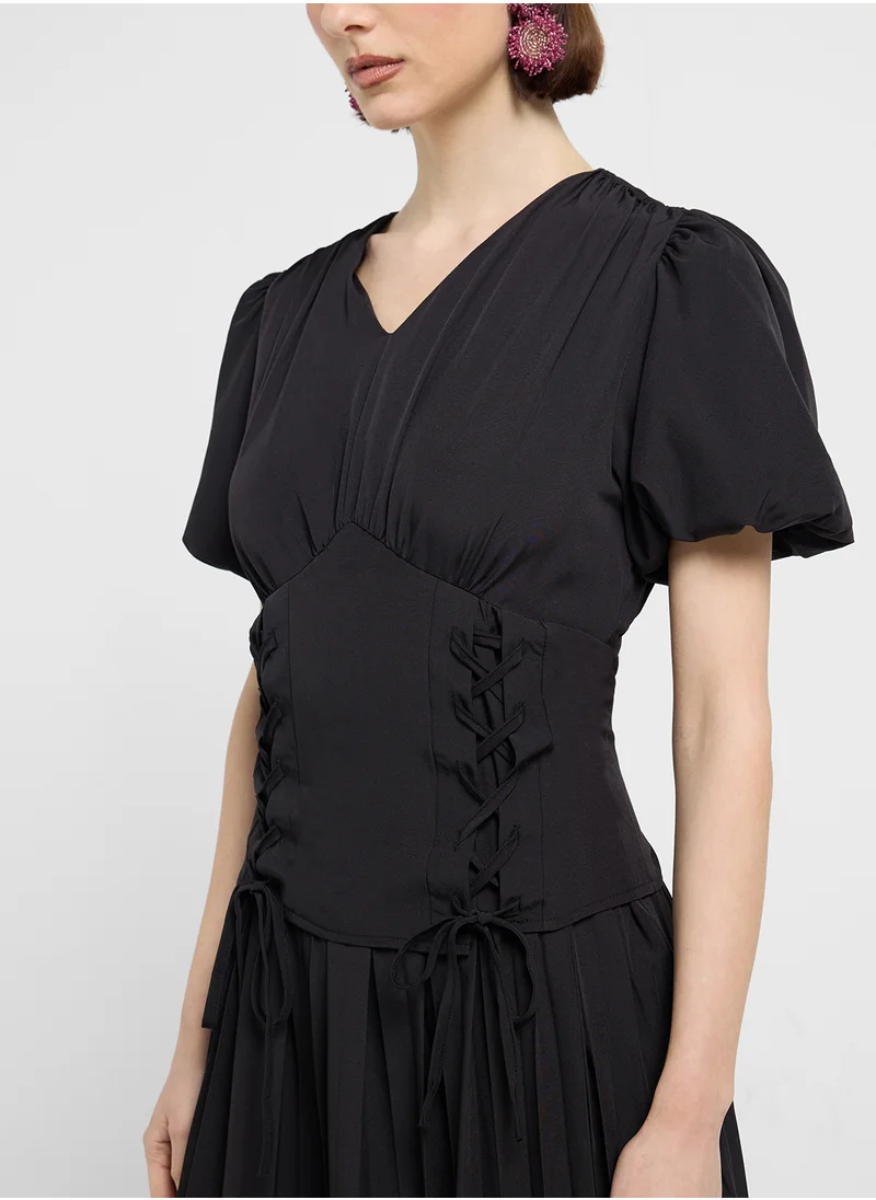 ELLA Puff Sleeve Dress With Waist Tie Up Detail