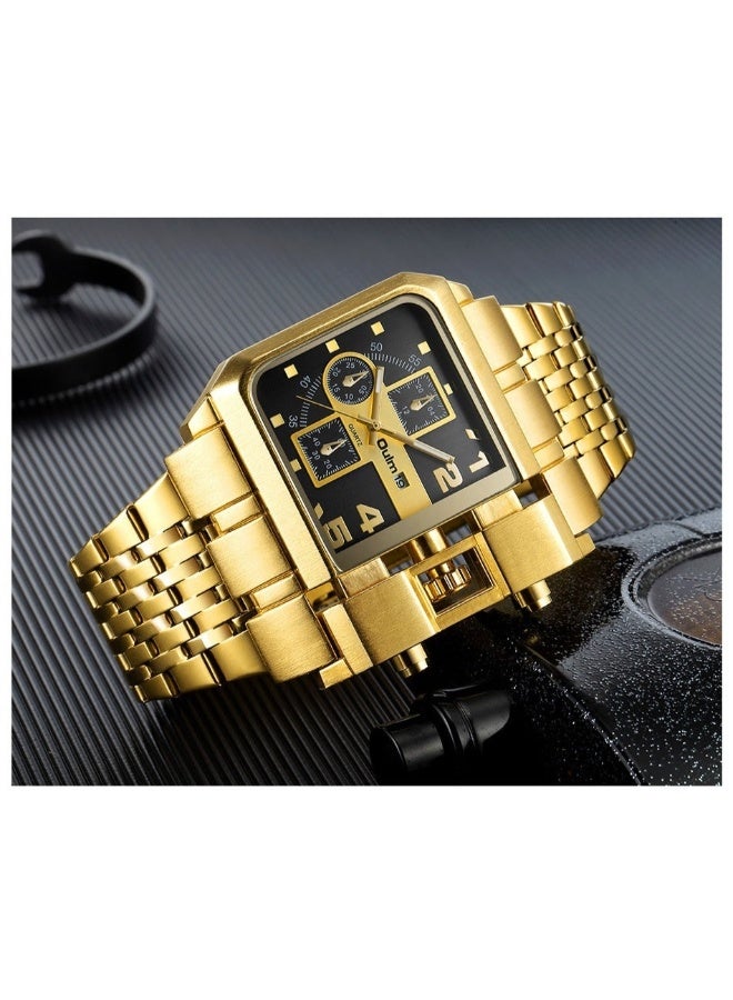 Oulm Men's Gold Steel Band Calendar Square Quartz Watch with Large Dial - Image 3