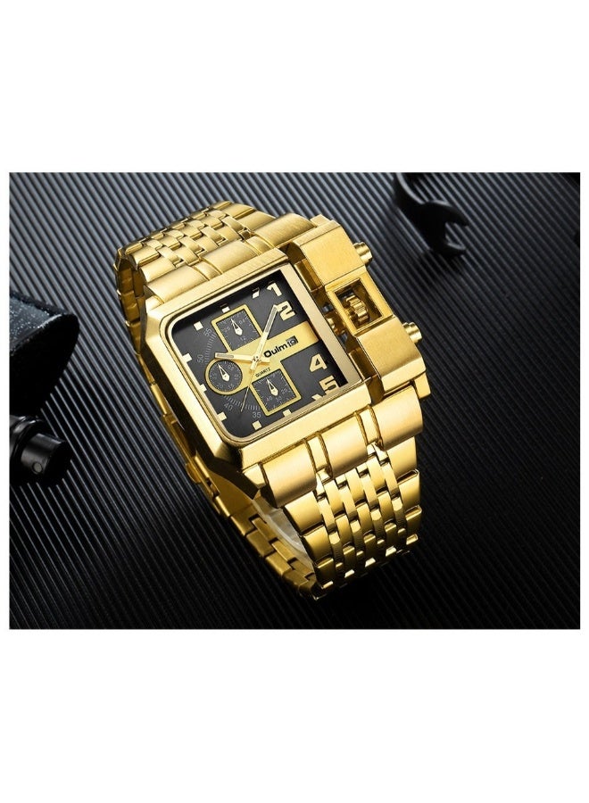 Oulm Men's Gold Steel Band Calendar Square Quartz Watch with Large Dial - Image 4