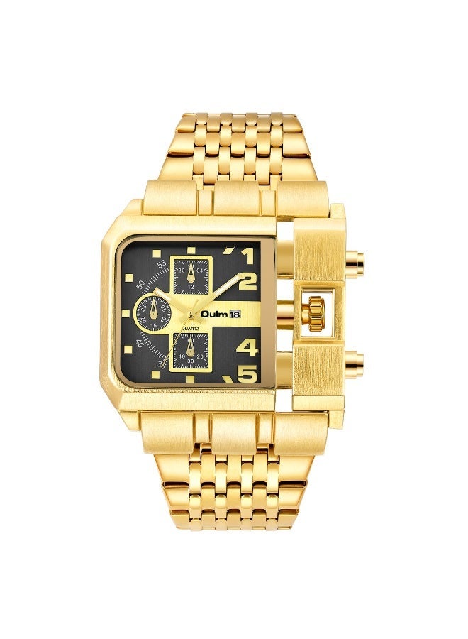Oulm Men's Gold Steel Band Calendar Square Quartz Watch with Large Dial - Image 1